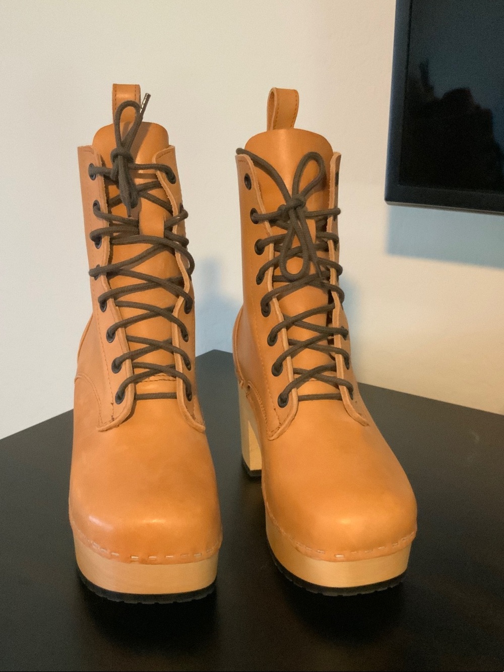 Swedish Hasbeens Tan Lace-Up Platform Boots